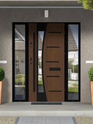 Model AGAMA LOFT PREMIUM 72 mm front door with double sidelights / side panels with black frame and black bar - energy efficient modern external door