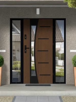 Model AGAMA LOFT PREMIUM 72 mm front door with double sidelights / side panels with black frame and black handle - energy efficient modern external do