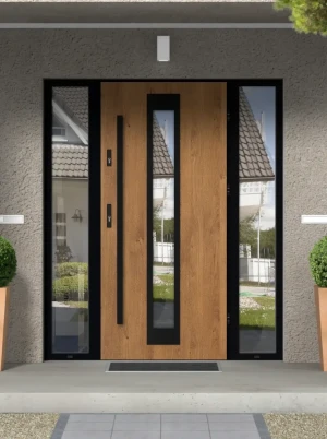 Model IGUANA LOFT PREMIUM 72 mm front door with double sidelights / side panels with black frame and black bar - energy efficient modern external door