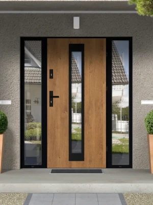 Model IGUANA LOFT PREMIUM 72 mm front door with double sidelights / side panels with black frame and black handle - energy efficient modern external d