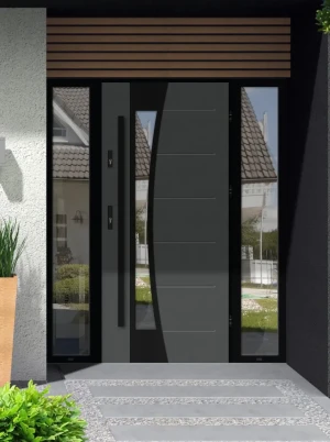 Model BELLIS LOFT PREMIUM 72 mm front door with double sidelights / side panels with black frame and black bar - energy efficient modern external door