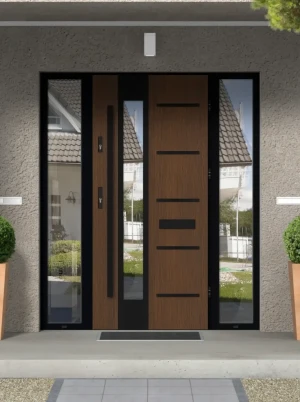 Model UTA LOFT PREMIUM 72 mm front door with double sidelights / side panels with black frame and black bar - energy efficient modern external door wi