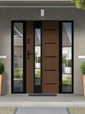 Model UTA LOFT PREMIUM 72 mm front door with double sidelights / side panels with black frame and black handle - energy efficient modern external door