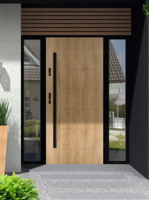 Model GEKKO LOFT PREMIUM 72 mm front door with double sidelights / side panels with black frame and black bar - energy efficient modern external door