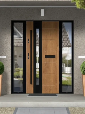 Model TULUZA LOFT PREMIUM 72 mm front door with double sidelights / side panels with black frame and black bar - energy efficient modern external door
