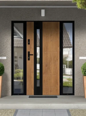 Model TULUZA LOFT PREMIUM 72 mm front door with double sidelights / side panels with black frame and black handle - energy efficient modern external d