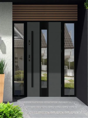 Model PAPUA LOFT PREMIUM 72 mm front door with double sidelights / side panels with black frame and black bar - energy efficient modern external door