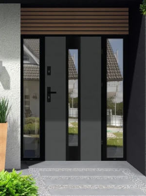Model PAPUA LOFT PREMIUM 72 mm front door with double sidelights / side panels with black frame and black handle - energy efficient modern external do