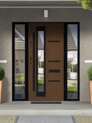 Model GRECA LOFT PREMIUM 72 mm front door with double sidelights / side panels with black frame and black bar - energy efficient modern external door