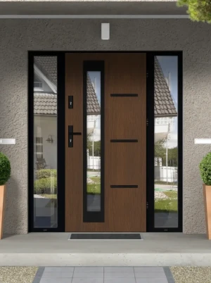 Model GRECA LOFT PREMIUM 72 mm front door with double sidelights / side panels with black frame and black handle - energy efficient modern external do