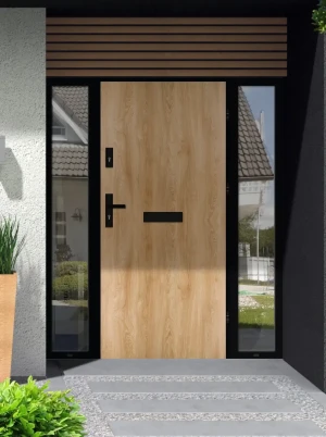 Model DRACO LOFT PREMIUM 72 mm front door with double sidelights / side panels with black frame and black handle - energy efficient modern external do