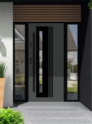 Model COLLARIS LOFT PREMIUM 72 mm front door with double sidelights / side panels with black frame and black bar - energy efficient modern external do
