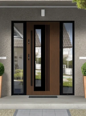 Model VARIUS LOFT PREMIUM 72 mm front door with double sidelights / side panels with black frame and black bar - energy efficient modern external door