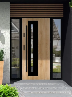 Model NATRIX LOFT PREMIUM 72 mm front door with double sidelights / side panels with black frame and black bar - energy efficient modern external door