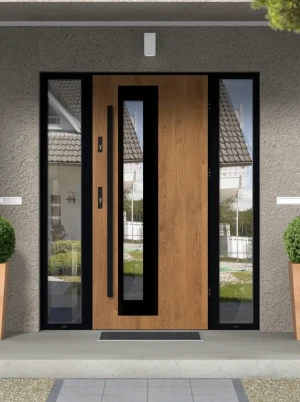 Model PALLAS LOFT PREMIUM 72 mm front door with double sidelights / side panels with black frame and black bar - energy efficient modern external door