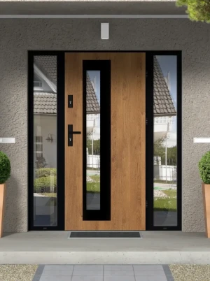 Model PALLAS LOFT PREMIUM 72 mm front door with double sidelights / side panels with black frame and black handle - energy efficient modern external d
