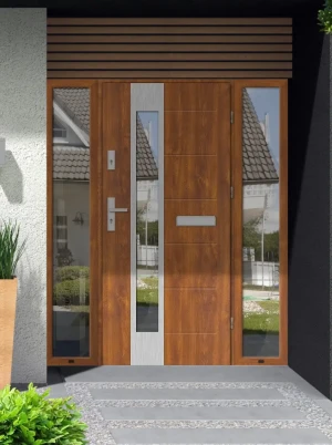 Model CAIMAN PREMIUM 72 mm front door with double sidelights / side panels with handle – energy efficient modern external door with mirrored glass Ino
