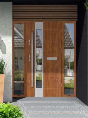 Model CAIMAN PREMIUM 72 mm front door with double sidelights / side panels with bar – energy efficient modern external door with mirrored glass Inox D
