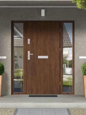 Model DRACO PREMIUM 72 mm front door with double sidelights / side panels with handle – energy efficient modern external door with mirrored glass Inox