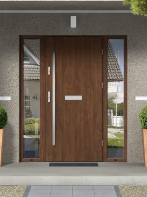 Model DRACO PREMIUM 72 mm front door with double sidelights / side panels with bar – energy efficient modern external door with mirrored glass Inox De