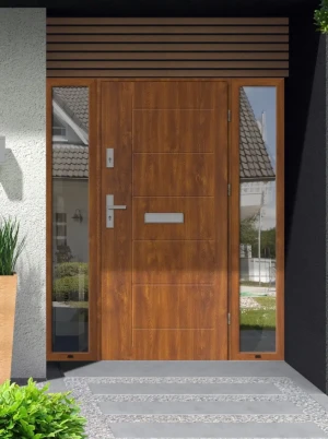 Model GEKKO PREMIUM 72 mm front door with double sidelights / side panels with handle – energy efficient modern external door with mirrored glass Inox