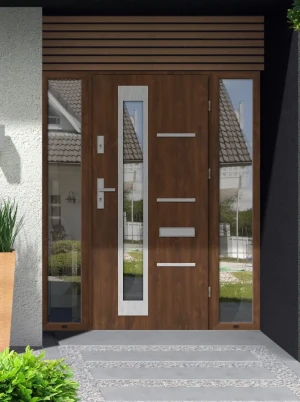 Model GRECA PREMIUM 72 mm front door with double sidelights / side panels with handle – energy efficient modern external door with mirrored glass Inox