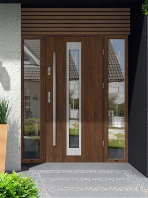 Model IGUANA PREMIUM 72 mm front door with double sidelights / side panels with bar – energy efficient modern external door with mirrored glass Inox D
