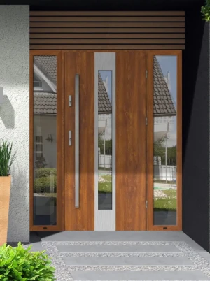 Model PAPUA PREMIUM 72 mm front door with double sidelights / side panels with bar – energy efficient modern external door with mirrored glass Inox De