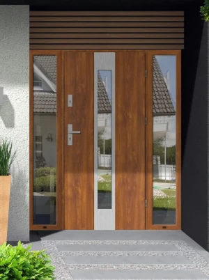 SAFE ALU-STEEL Well made durable modern made to measure energy efficient 72mm thick front door  warm aluminium frame wide double side panels with triple glazed glass Papua INOX SZYBA