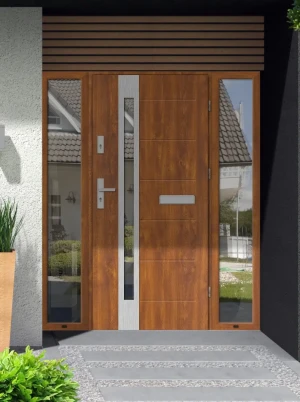 Model SLIM PREMIUM 72 mm front door with double sidelights / side panels with handle – energy efficient modern external door with mirrored glass Inox