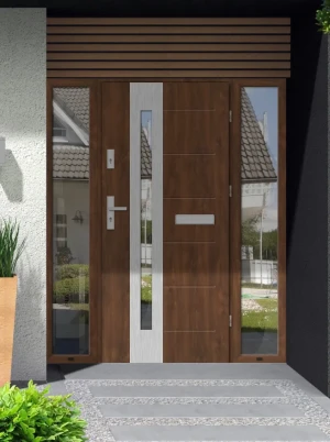 Model TULUZA PREMIUM 72 mm front door with double sidelights / side panels with handle – energy efficient modern external door with mirrored glass Ino
