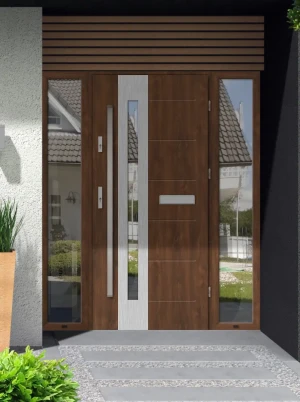 Model TULUZA PREMIUM 72 mm front door with double sidelights / side panels with bar – energy efficient modern external door with mirrored glass Inox D