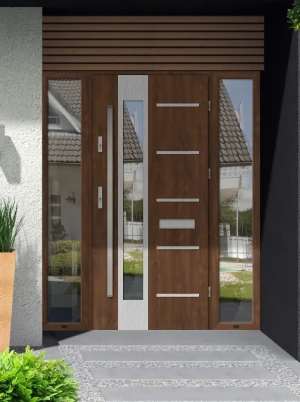 Model UTA PREMIUM 72 mm front door with double sidelights / side panels with bar – energy efficient modern external door with mirrored glass Inox Desi