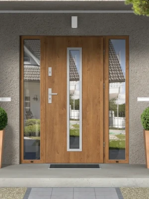 Model ANOLIS PREMIUM 72 mm front door with double sidelights / side panels with handle – energy efficient modern external door with mirrored glass Ino