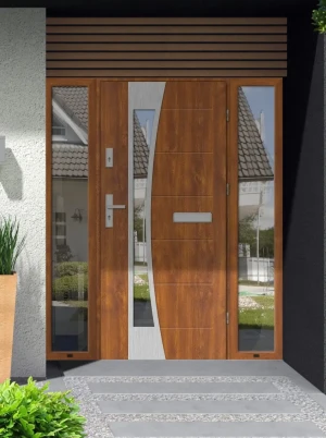 Model BELLIS PREMIUM 72 mm front door with double sidelights / side panels with handle – energy efficient modern external door with mirrored glass Ino