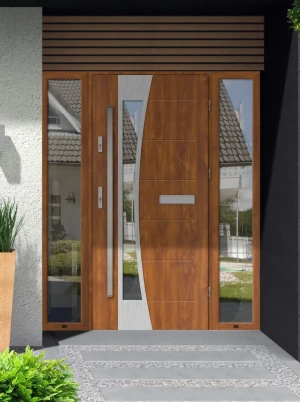 Model BELLIS PREMIUM 72 mm front door with double sidelights / side panels with bar – energy efficient modern external door with mirrored glass Inox D