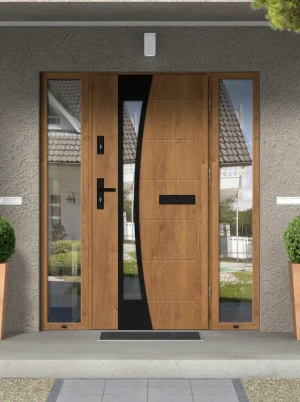 Model BELLIS BLACK PREMIUM 72 mm front door with double sidelights / side panels with black handle - energy efficient modern external door with mirror
