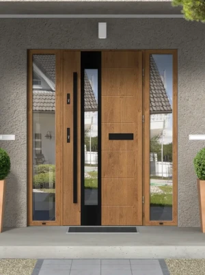 Model CAIMAN BLACK PREMIUM 72 mm front door with double sidelights / side panels with black bar - energy efficient modern external door with mirrored