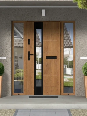 Model CAIMAN BLACK PREMIUM 72 mm front door with double sidelights / side panels with black handle - energy efficient modern external door with mirror