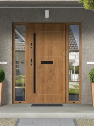 Model GEKKO BLACK PREMIUM 72 mm front door with double sidelights / side panels with black bar - energy efficient modern external door with mirrored g