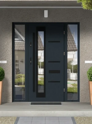 Model GRECA BLACK PREMIUM 72 mm front door with double sidelights / side panels with black bar - energy efficient modern external door with mirrored g