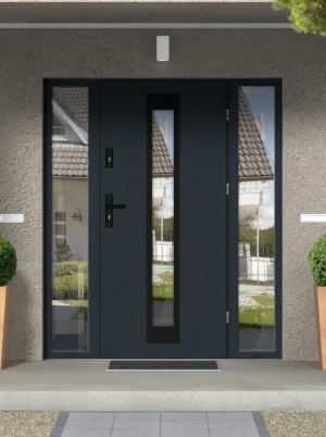 Model IGUANA BLACK PREMIUM 72 mm front door with double sidelights / side panels with black handle - energy efficient modern external door with mirror