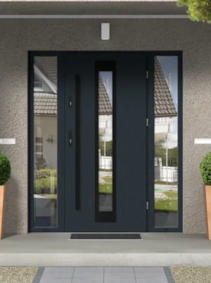 Model IGUANA BLACK PREMIUM 72 mm front door with double sidelights / side panels with black bar - energy efficient modern external door with mirrored
