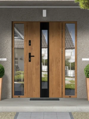 Model PAPUA BLACK PREMIUM 72 mm front door with double sidelights / side panels with black handle - energy efficient modern external door with mirrore