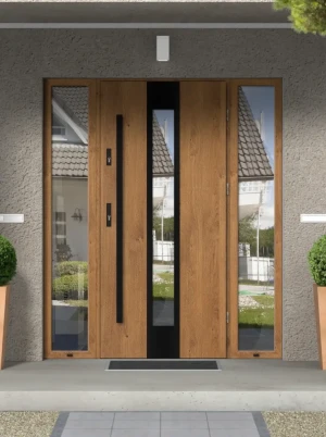 Model PAPUA BLACK PREMIUM 72 mm front door with double sidelights / side panels with black bar - energy efficient modern external door with mirrored g