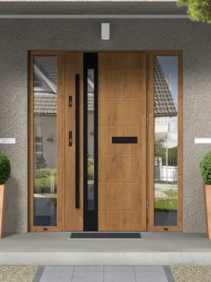 Model SLIM BLACK PREMIUM 72 mm front door with double sidelights / side panels with black bar - energy efficient modern external door with mirrored gl