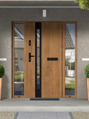 Model SLIM BLACK PREMIUM 72 mm front door with double sidelights / side panels with black handle - energy efficient modern external door with mirrored