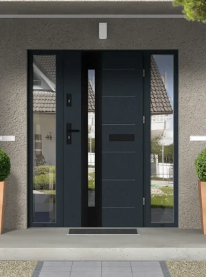 Model TULUZA BLACK PREMIUM 72 mm front door with double sidelights / side panels with black handle - energy efficient modern external door with mirror