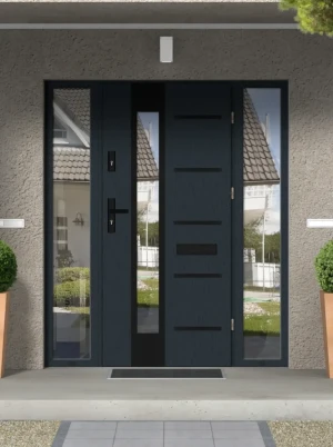 Model UTA BLACK PREMIUM 72 mm front door with double sidelights / side panels with black handle - energy efficient modern external door with mirrored