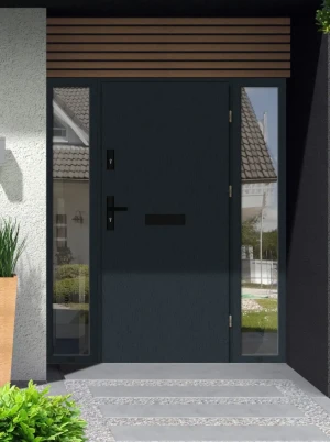 Model DRACO BLACK PREMIUM 72 mm front door with double sidelights / side panels with black handle - energy efficient modern external door with mirrore